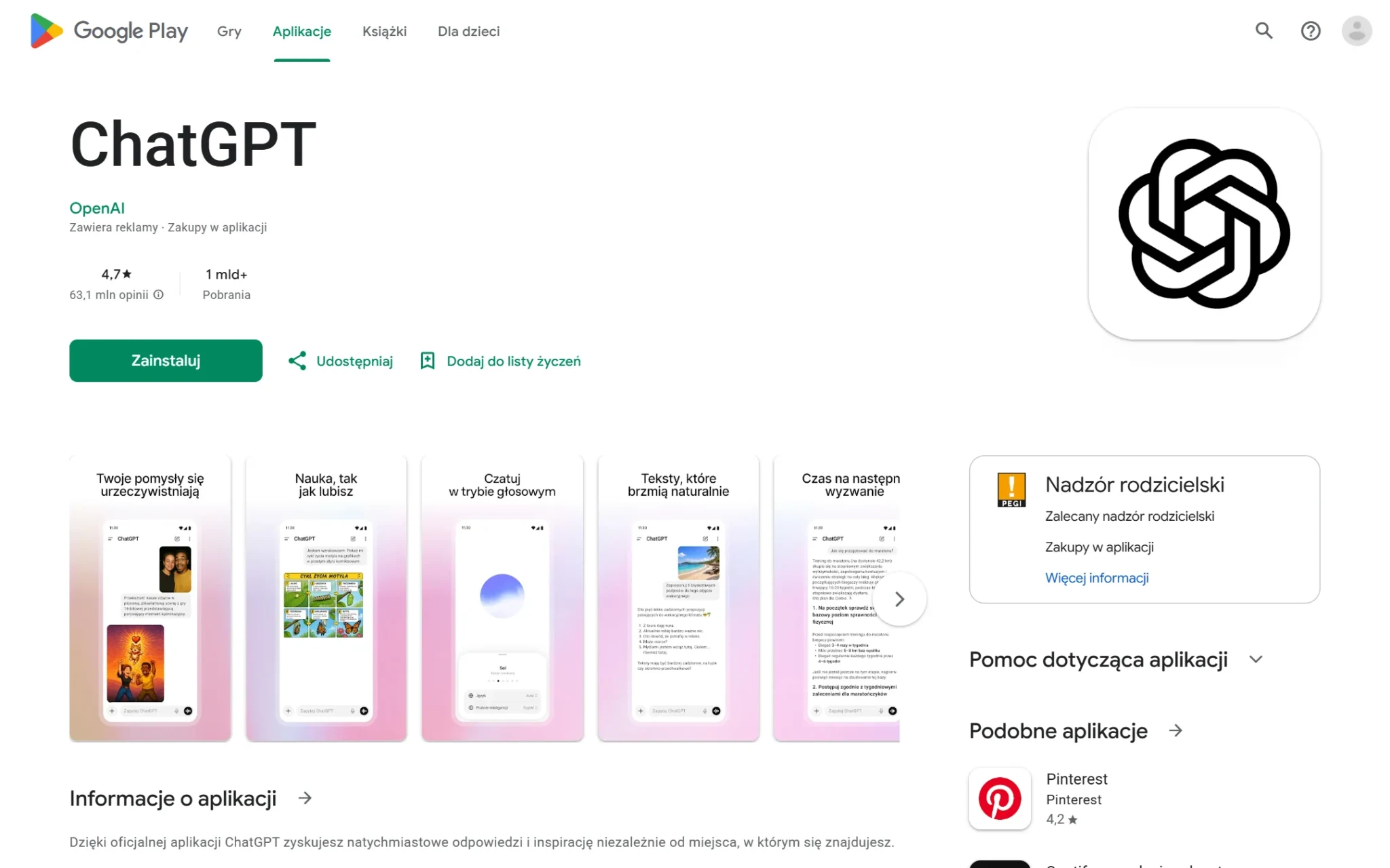 Aplikacja ChatGPT w Google Play: ocena 4,7, ponad miliard pobrań, przycisk Zainstaluj, zrzut z 3 października 2026