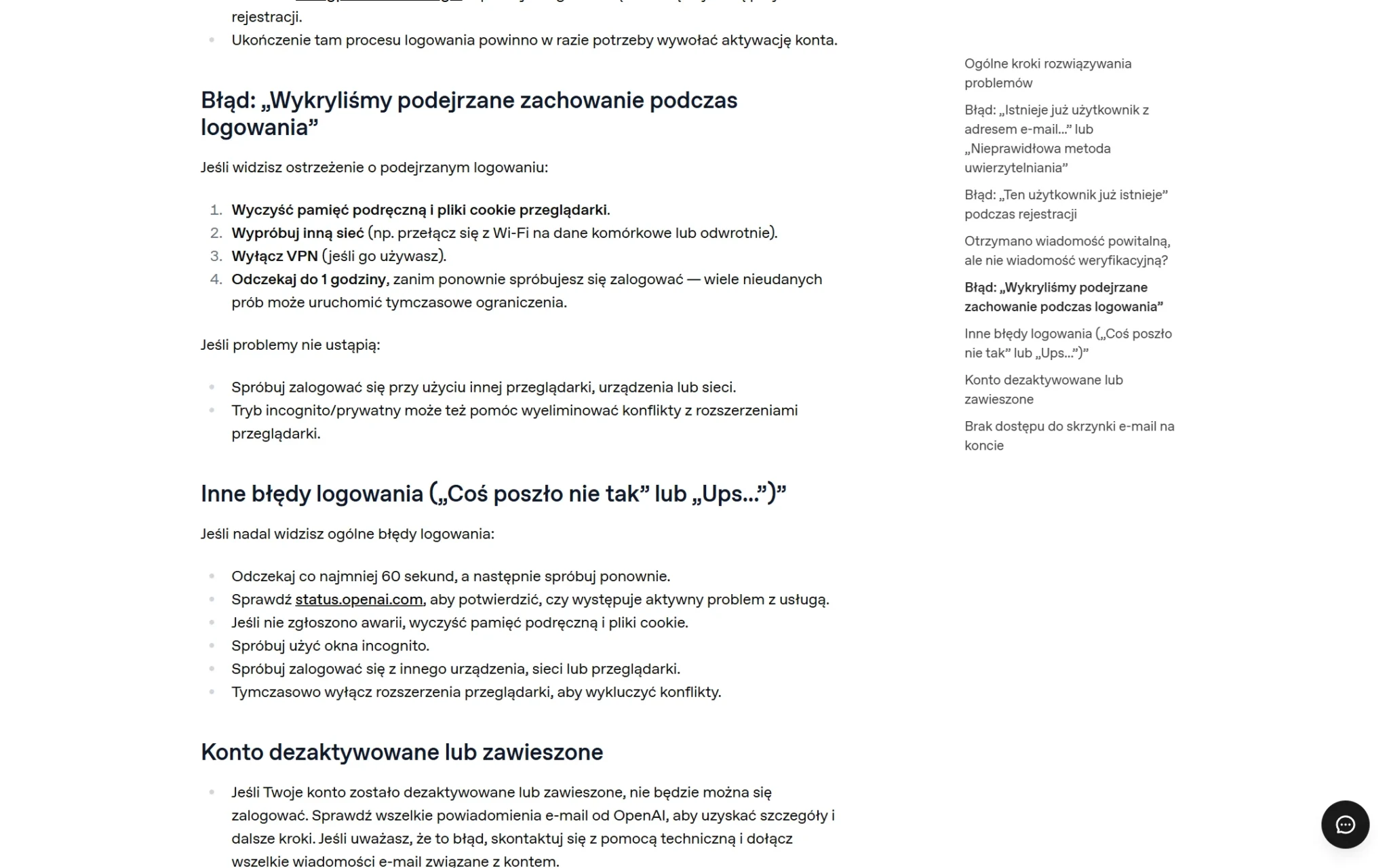 Centrum pomocy OpenAI: błąd Wykryliśmy podejrzane zachowanie podczas logowania i inne błędy logowania, zrzut z 3 października 2026