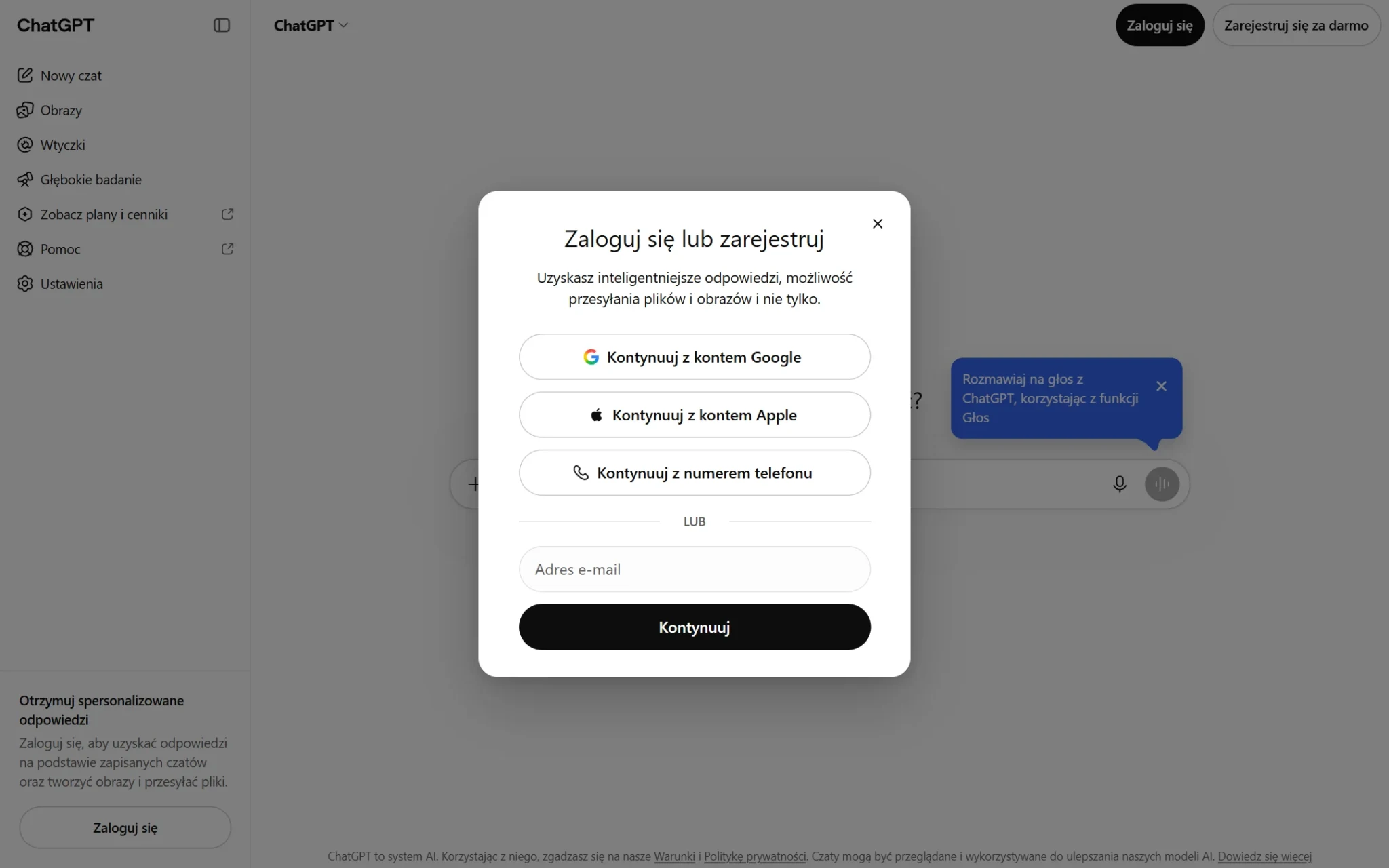 Okno Zaloguj się lub zarejestruj w ChatGPT z opcjami Google, Apple, numer telefonu i adres e-mail, zrzut z 3 października 2026