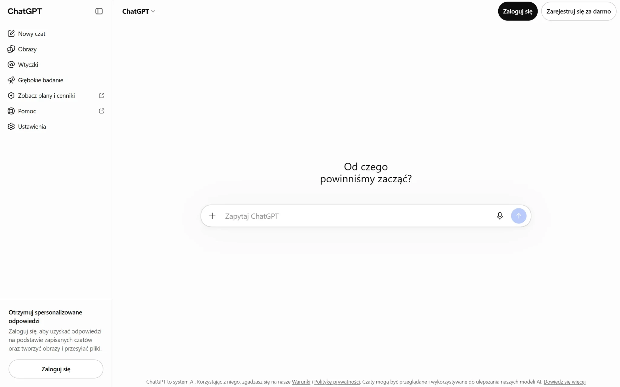 Strona chatgpt.com bez logowania z przyciskami Zaloguj się i Zarejestruj się za darmo, zrzut z 3 października 2026