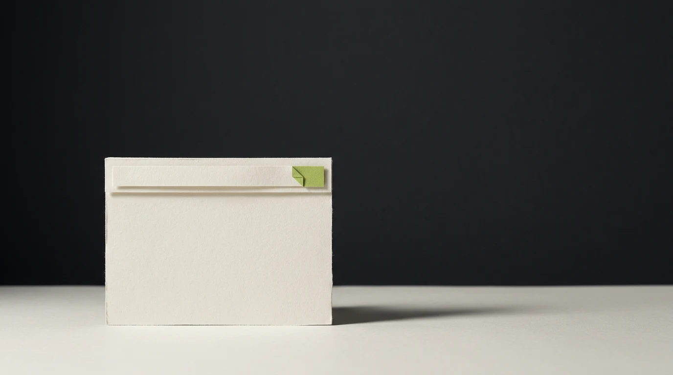 White rectangular white box or card with a small green corner tab on the top edge, placed on a light surface against a dark background.