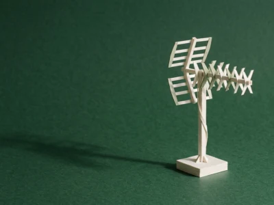 Wooden wind turbine model with stacked rectangular blades on a green background, on a square base in the foreground.