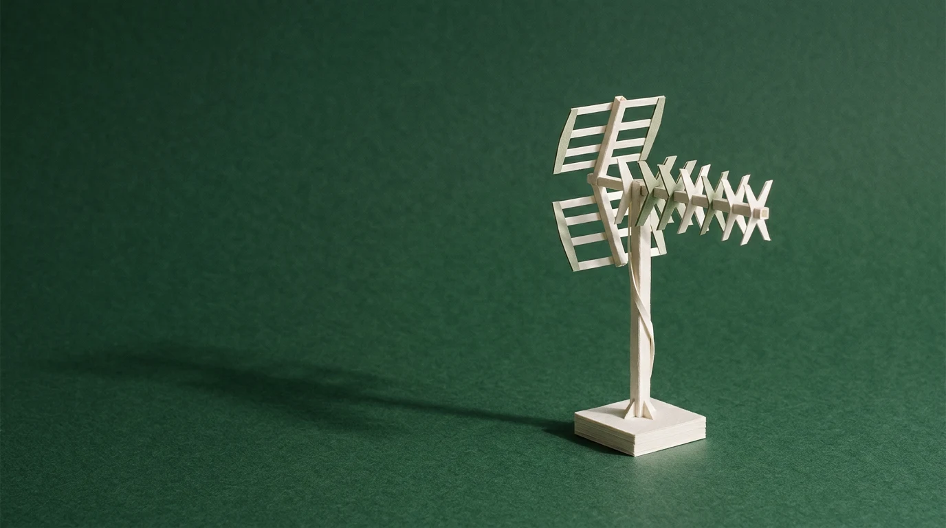 Czy Gemini działa Gdzie sprawdzić awarię i jak odróżnić ją od limitu - Promptowy Wooden wind turbine model with stacked rectangular blades on a green background, on a square base in the foreground.