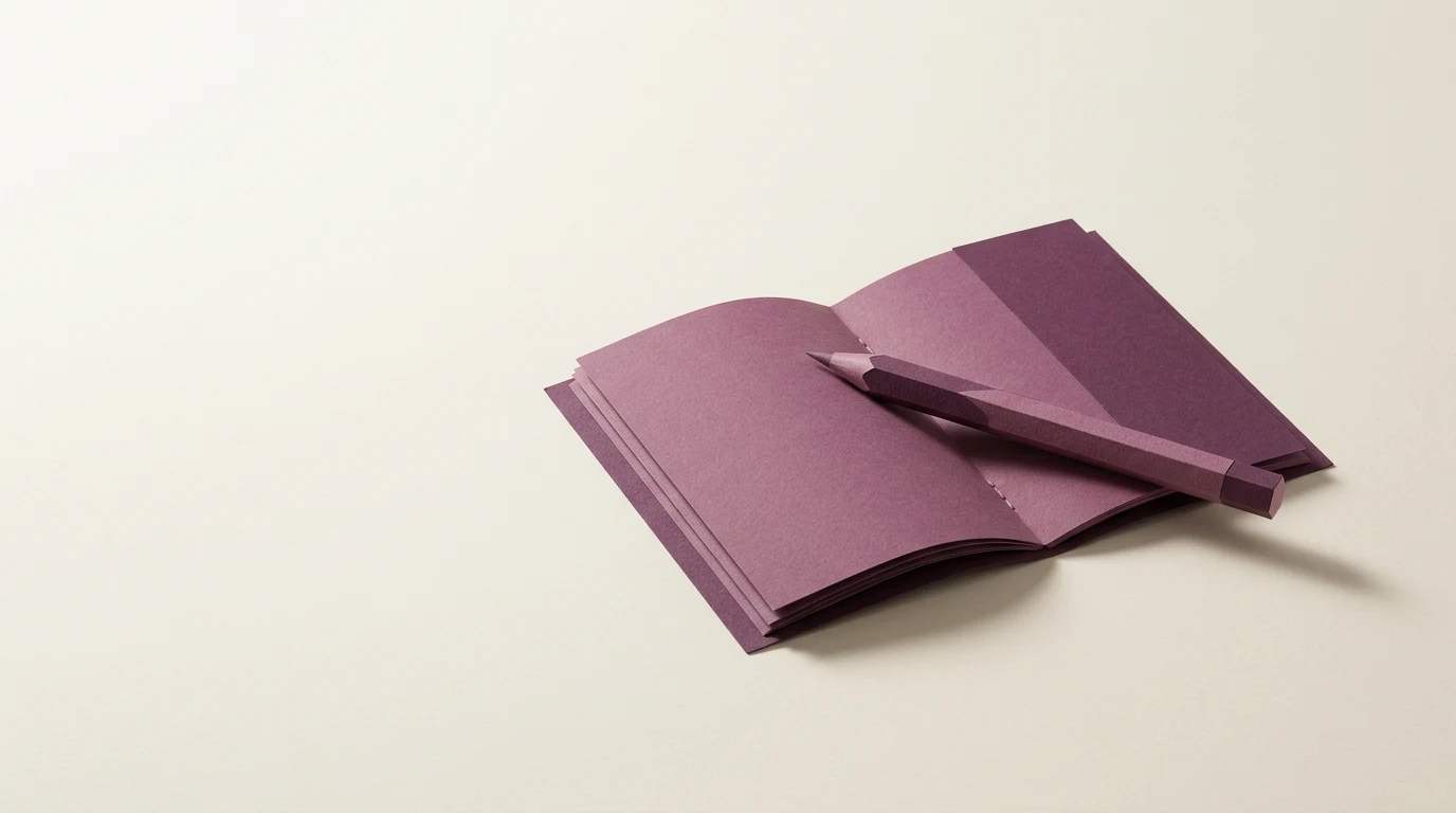 Czy nauczyciel wykryje ChatGPT Jak działają detektory po czym poznać pracę z czatu i jak używać AI do nauki - Promptowy Open purple notebook with a matching purple pencil resting on its pages on a pale beige background.