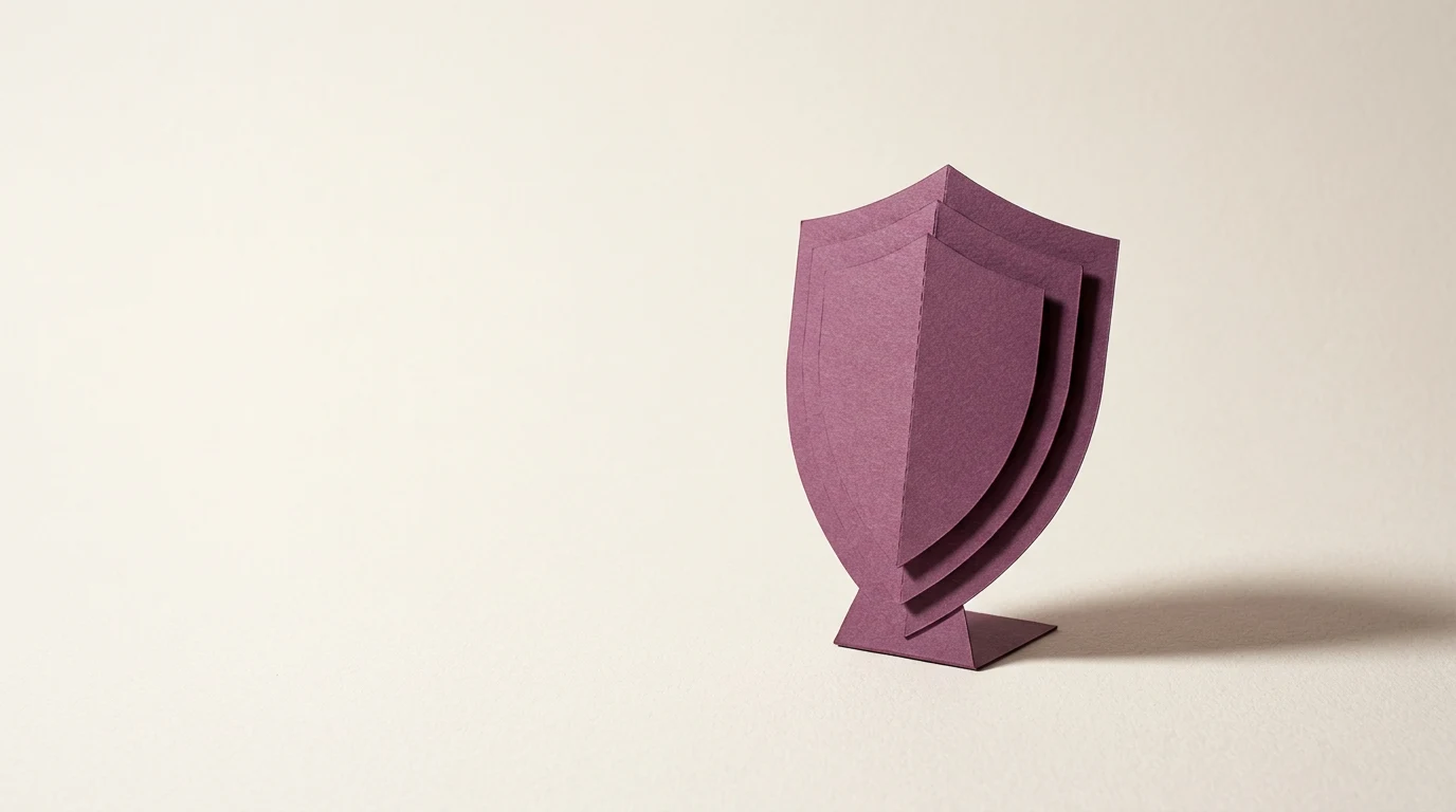 Daniela Amodei kim jest prezeska Anthropic siostra Dario i była szefowa bezpieczeństwa OpenAI - Promptowy Abstract purple paper shield sculpture with layered curved panels on a small stand, minimalist backdrop
