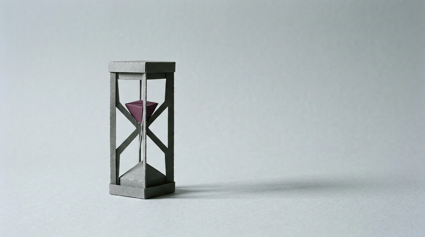 Dario Amodei kim jest szef Anthropic ile jest wart i dlaczego chce zwolnić AI - Promptowy Miniature gray wooden hourglass with purple sand inside, placed on a light gray surface.