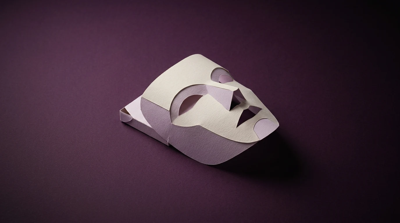 Paper mask crafted from layered light pink and cream cardstock on a dark purple background, abstract and minimalist art piece.