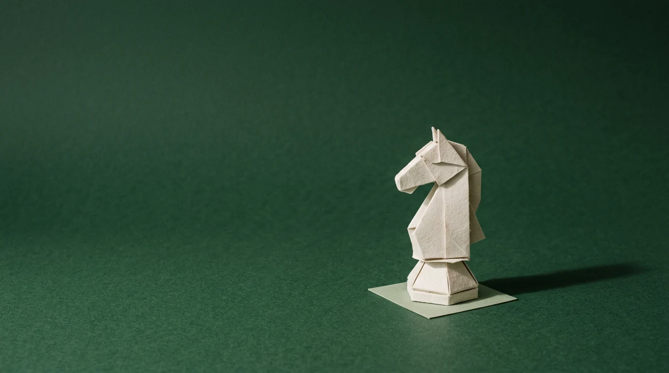 Demis Hassabis kim jest szef Google DeepMind noblista i twórca Theme Park - Promptowy Origami knight chess piece standing on a pale square against a dark green background, modeled from folded paper.