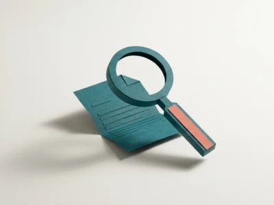 Teal paper magnifying glass over a teal folded note on a pale background (origami style).