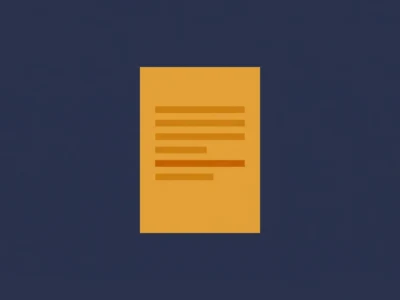 Centered orange document icon with horizontal text lines on a dark blue background.