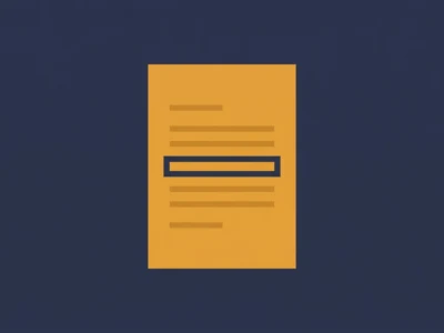 Orange document icon with several text lines and a central dark rectangular button on a navy background.