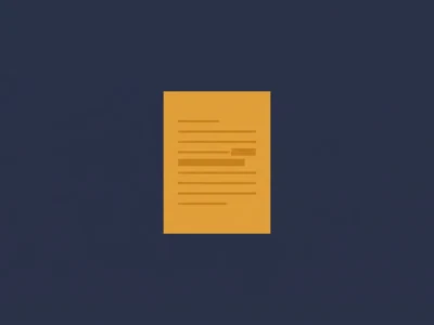 Orange sheet of paper with lines representing text against a dark blue background.
