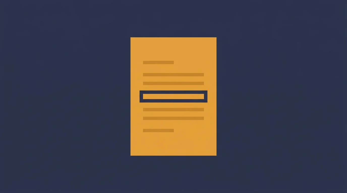 Orange document icon with several text lines and a central dark rectangular button on a navy background.