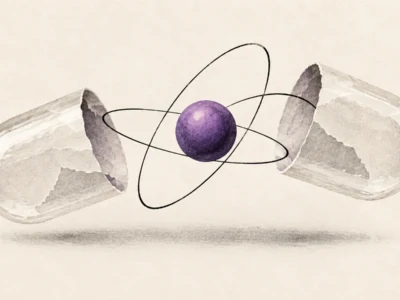 Ilustracja redakcyjna Quantum computing + AI w farmacji IBM obiecuje przełom w odkrywaniu leków - Promptowy Kapsułka leku połączona z orbitą - ilustracja AI