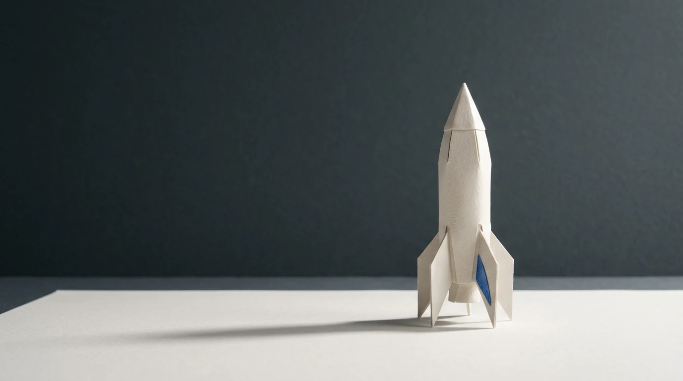 White paper origami rocket standing on a white surface with a dark background, a minimalist setup.
