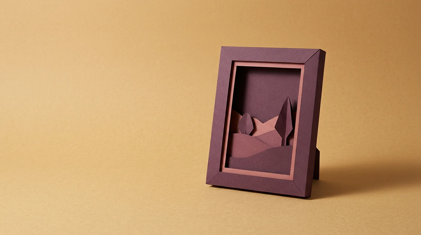 Fei-Fei Li kim jest matka chrzestna AI twórczyni ImageNet i założycielka World Labs - Promptowy Papercut-style diorama with layered purple hills and a tree inside a tilted purple frame on a warm yellow background.