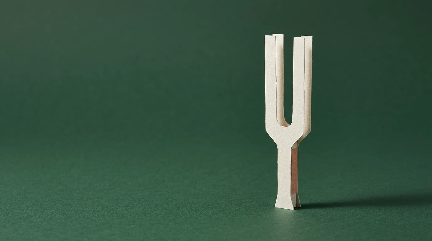 A small wooden U-shaped object standing upright on a green surface, casting a shadow to the right.