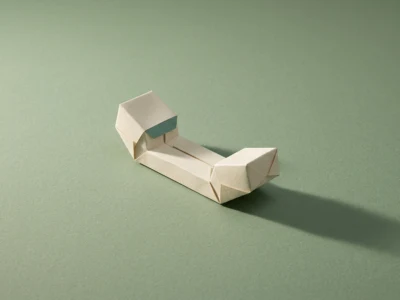 Abstract white origami sculpture on a green surface with a long shadow, geometric and minimalist in style.