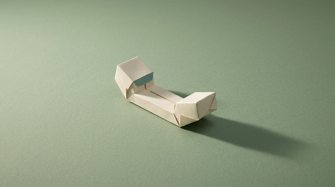 Abstract white origami sculpture on a green surface with a long shadow, geometric and minimalist in style.