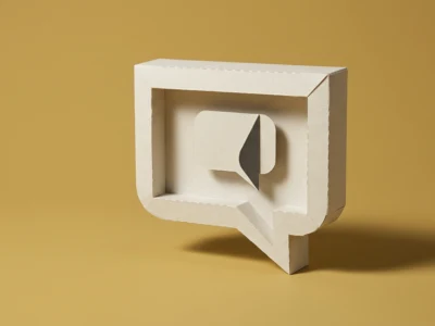 Abstract cardboard sculpture of a chat bubble inside a notification box on a warm yellow background, representing messaging or comments.