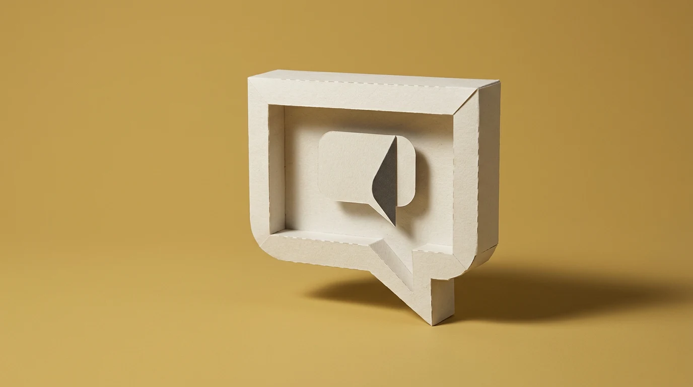 Funkcja metajęzykowa kiedy język mówi o sobie przykłady i wykładniki - Promptowy Abstract cardboard sculpture of a chat bubble inside a notification box on a warm yellow background, representing messaging or comments.