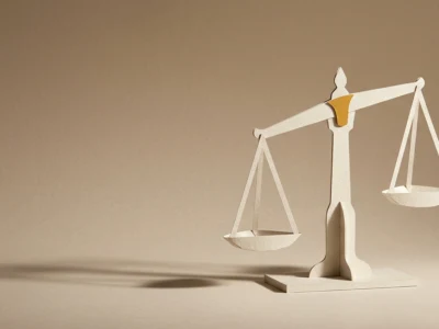 Paper sculpture of a balance scale with empty pans, symbolizing justice or fairness.