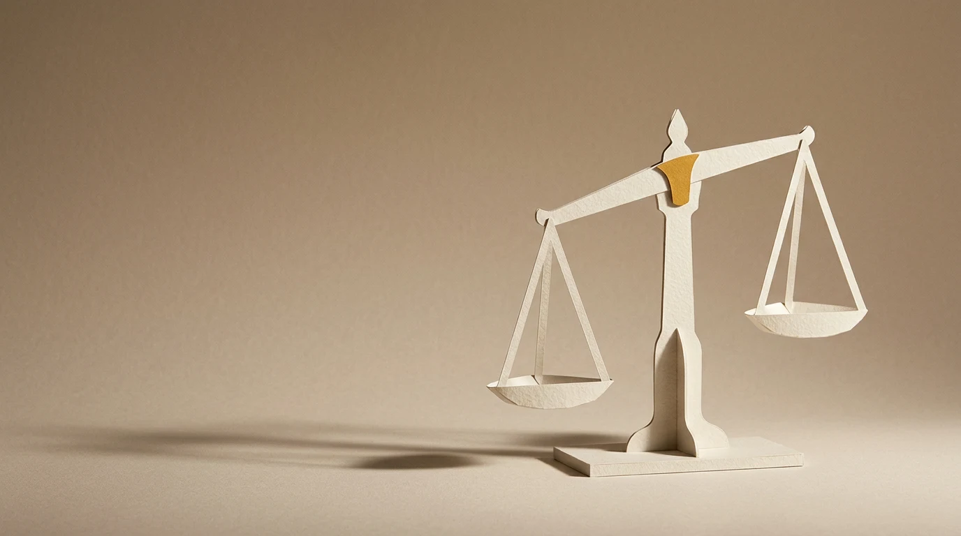 Funkcja perswazyjna jak działa przykłady i granica między perswazją a manipulacją - Promptowy Paper sculpture of a balance scale with empty pans, symbolizing justice or fairness.