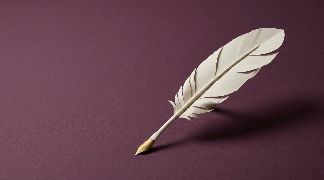 Funkcja poetycka na czym polega przykłady i prosty test na klasówkę - Promptowy White paper quill pen with a gold nib resting on a burgundy background.