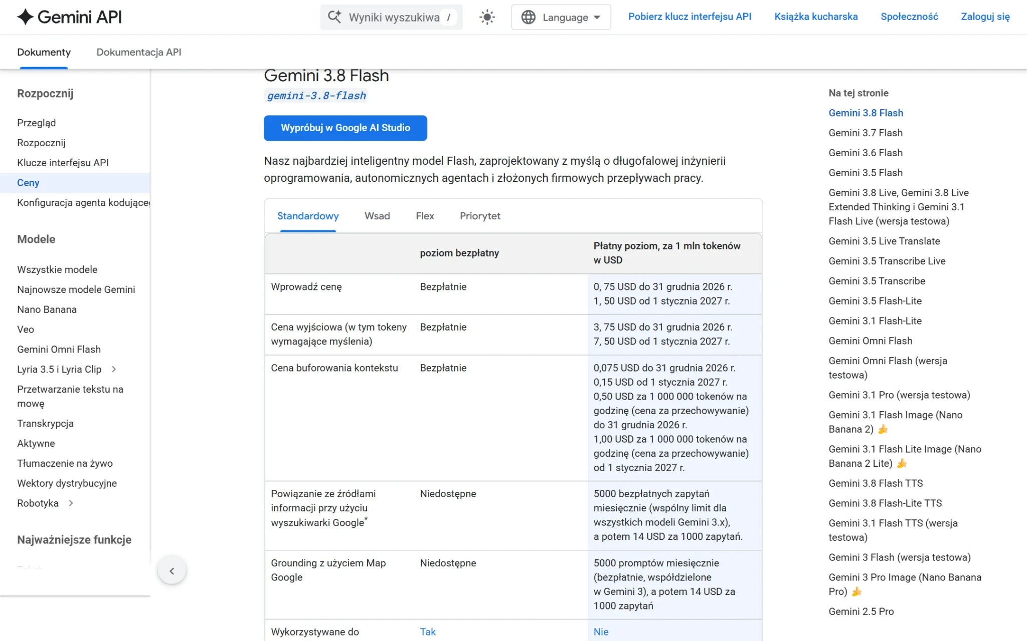 Cennik Gemini API dla Gemini 3.8 Flash: poziom bezpłatny i płatny 0,75 USD wejście i 3,75 USD wyjście za milion tokenów do 31 grudnia 2026, zrzut z 3 października 2026