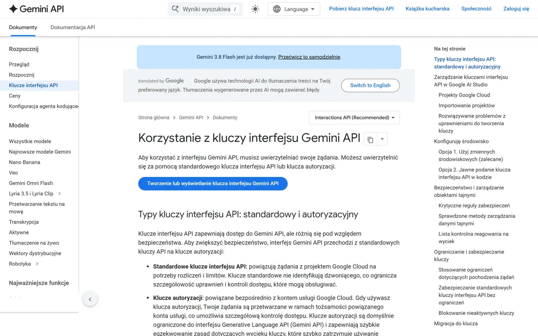 Dokumentacja Google o kluczach Gemini API: przycisk Tworzenie lub wyświetlanie klucza i opis kluczy standardowych i autoryzacyjnych, zrzut z 3 października 2026