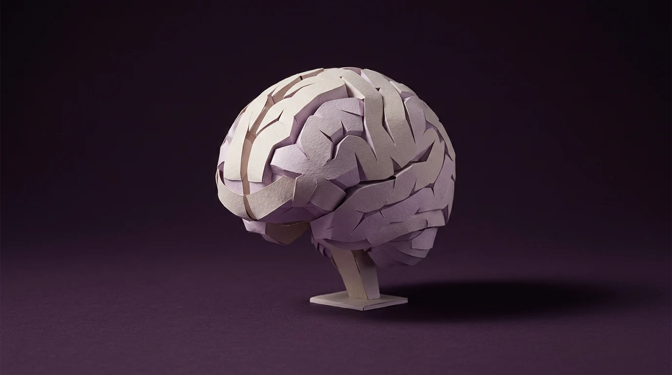 Geoffrey Hinton kim jest ojciec chrzestny AI noblista który odszedł z Google by ostrzegać - Promptowy Paper brain sculpture on a stand against a dark purple background, resembling a neuroscience model.