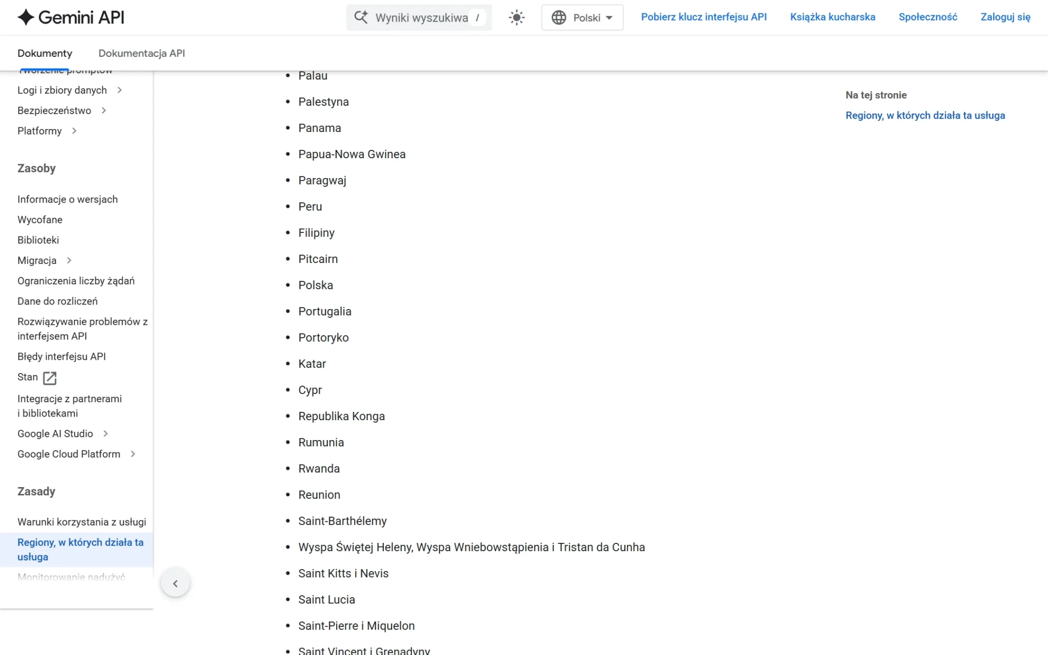 Lista krajów, w których działa Google AI Studio i Gemini API, z widoczną Polską, zrzut z 3 października 2026