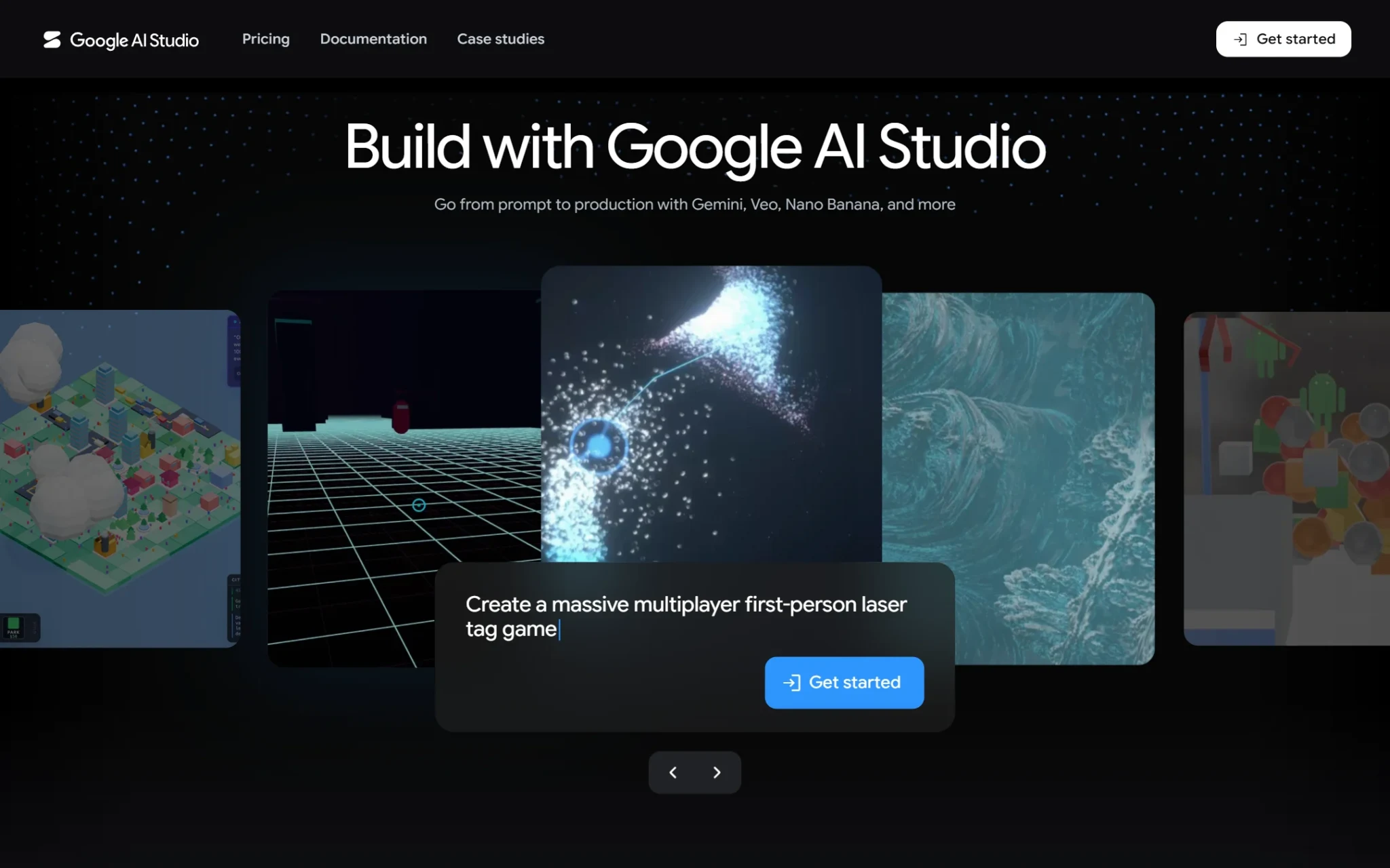 Strona startowa aistudio.google.com bez logowania: napis Build with Google AI Studio i przycisk Get started, zrzut z 3 października 2026