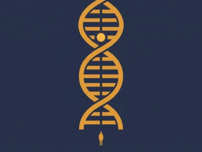 Google DeepMind mapuje każdą możliwą zmianę w ludzkim DNA - Promptowy Large orange DNA double helix extends upward from a small human silhouette on a dark blue background, conveying DNA science at scale.