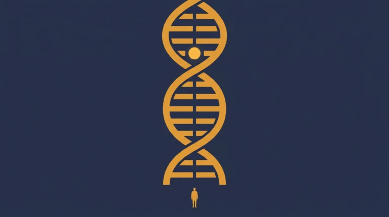 Pomarańczowa helisa DNA unosząca się nad sylwetką człowieka na ciemnoniebieskim tle.