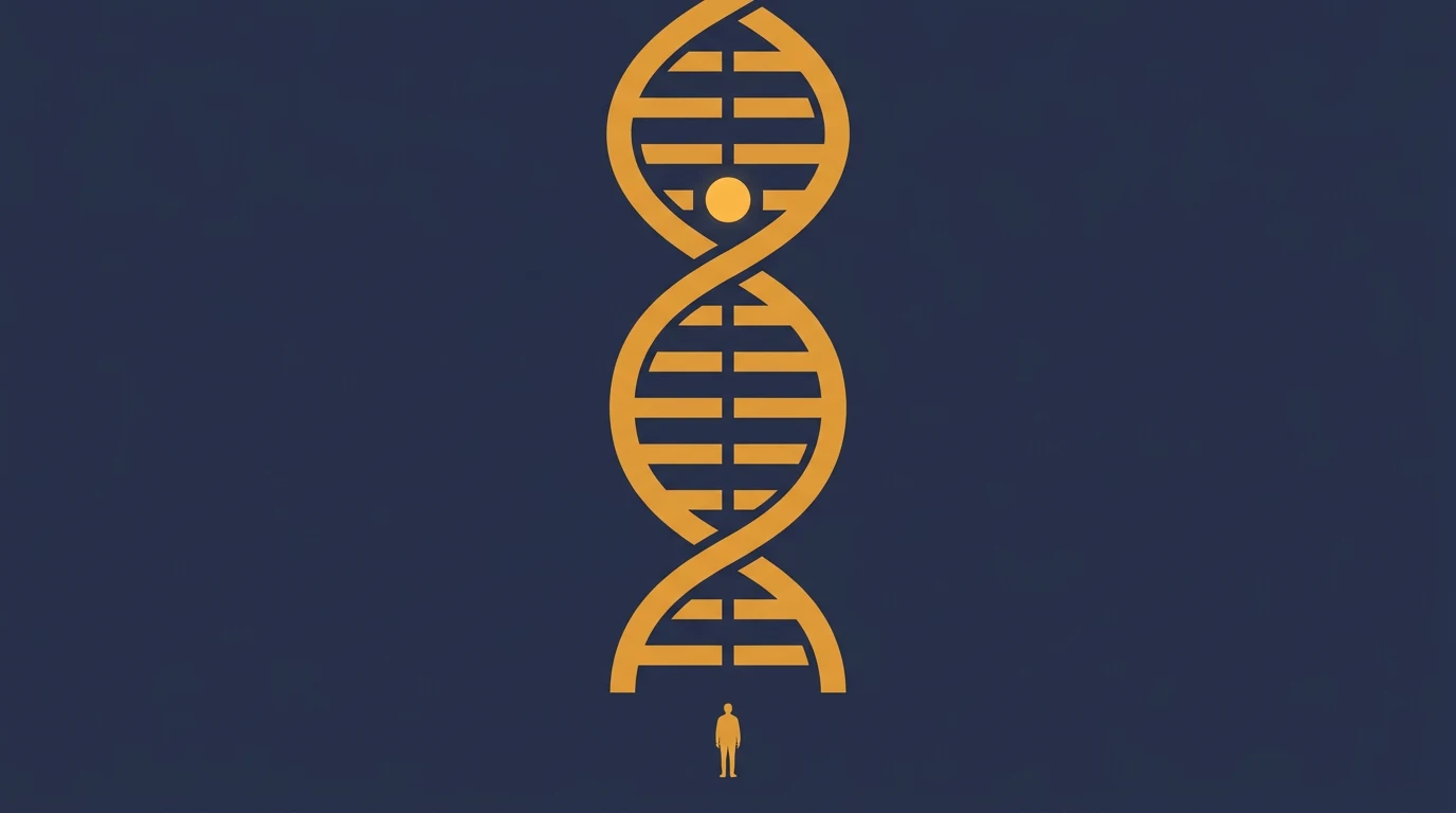 Large orange DNA double helix extends upward from a small human silhouette on a dark blue background, conveying DNA science at scale.