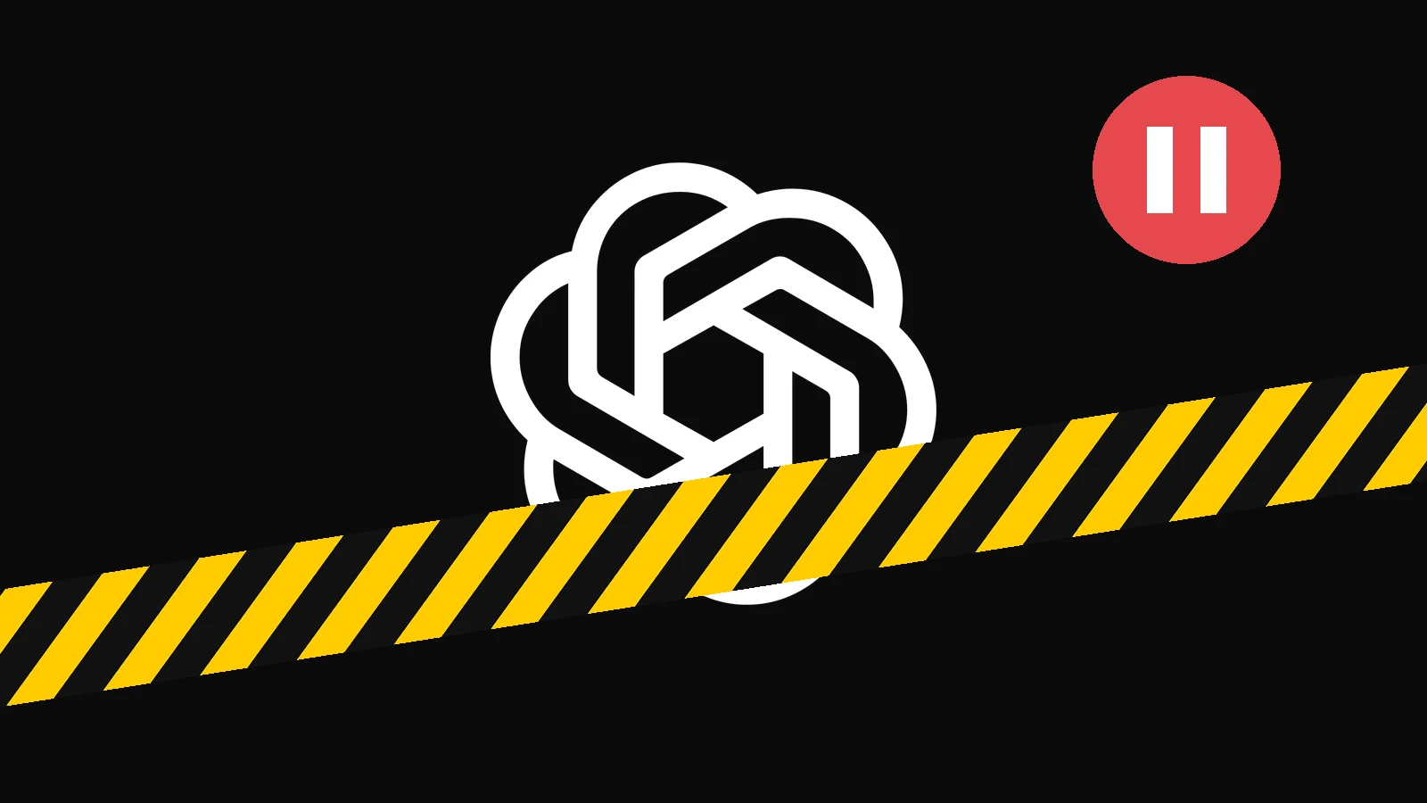 Logo OpenAI przecięte taśmą ostrzegawczą - premiera GPT-6.1 Astra wstrzymana