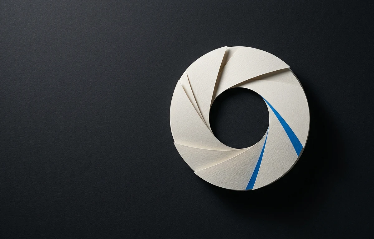Grok Imagine co potrafi ile kosztuje i gdzie kończy się zabawa - Promptowy Abstract circular paper sculpture resembling a camera shutter on a dark background, with blue accents.