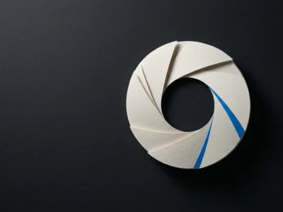 Abstract circular paper sculpture resembling a camera shutter on a dark background, with blue accents.