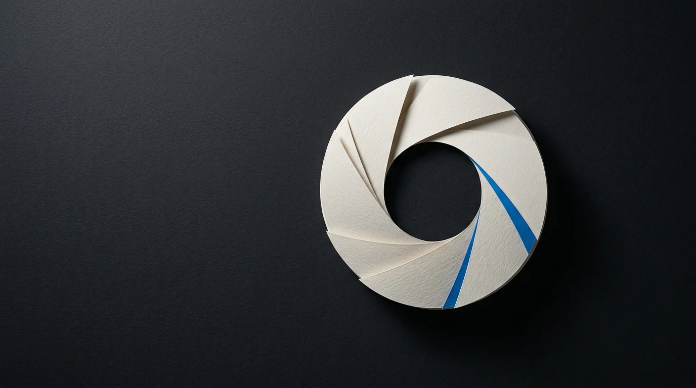 Grok Imagine co potrafi ile kosztuje i gdzie kończy się zabawa - Promptowy Abstract circular paper sculpture resembling a camera shutter on a dark background, with blue accents.