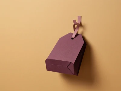 Purple paper gift box hanging from a string against a warm peach wall, with a pink tag attached.