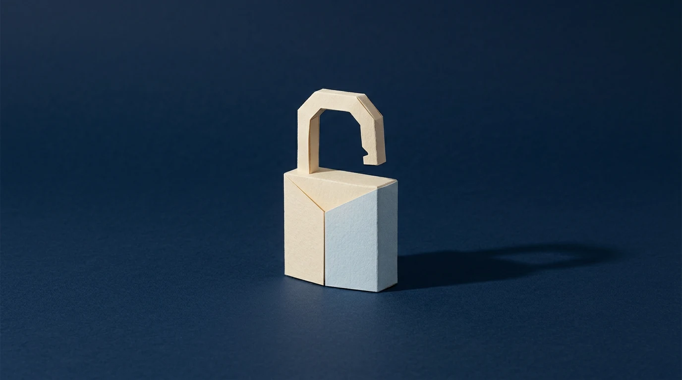 Ilya Sutskever współtwórca AlexNet i ChatGPT który zwolnił Altmana i buduje bezpieczną superinteligencję - Promptowy Open origami-style padlock made of beige blocks on a dark blue surface, casting a long shadow, symbolizing security.