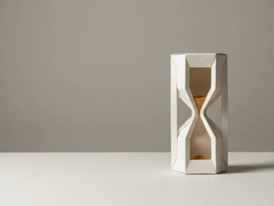 Jak będę wyglądać na starość polecenie do AI które daje wiarygodny efekt - Promptowy White geometric hourglass sculpture with beige sand, placed on a light table against a neutral gray backdrop