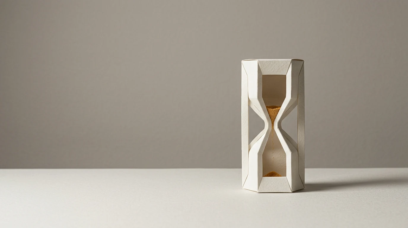 White geometric hourglass sculpture with beige sand, placed on a light table against a neutral gray backdrop