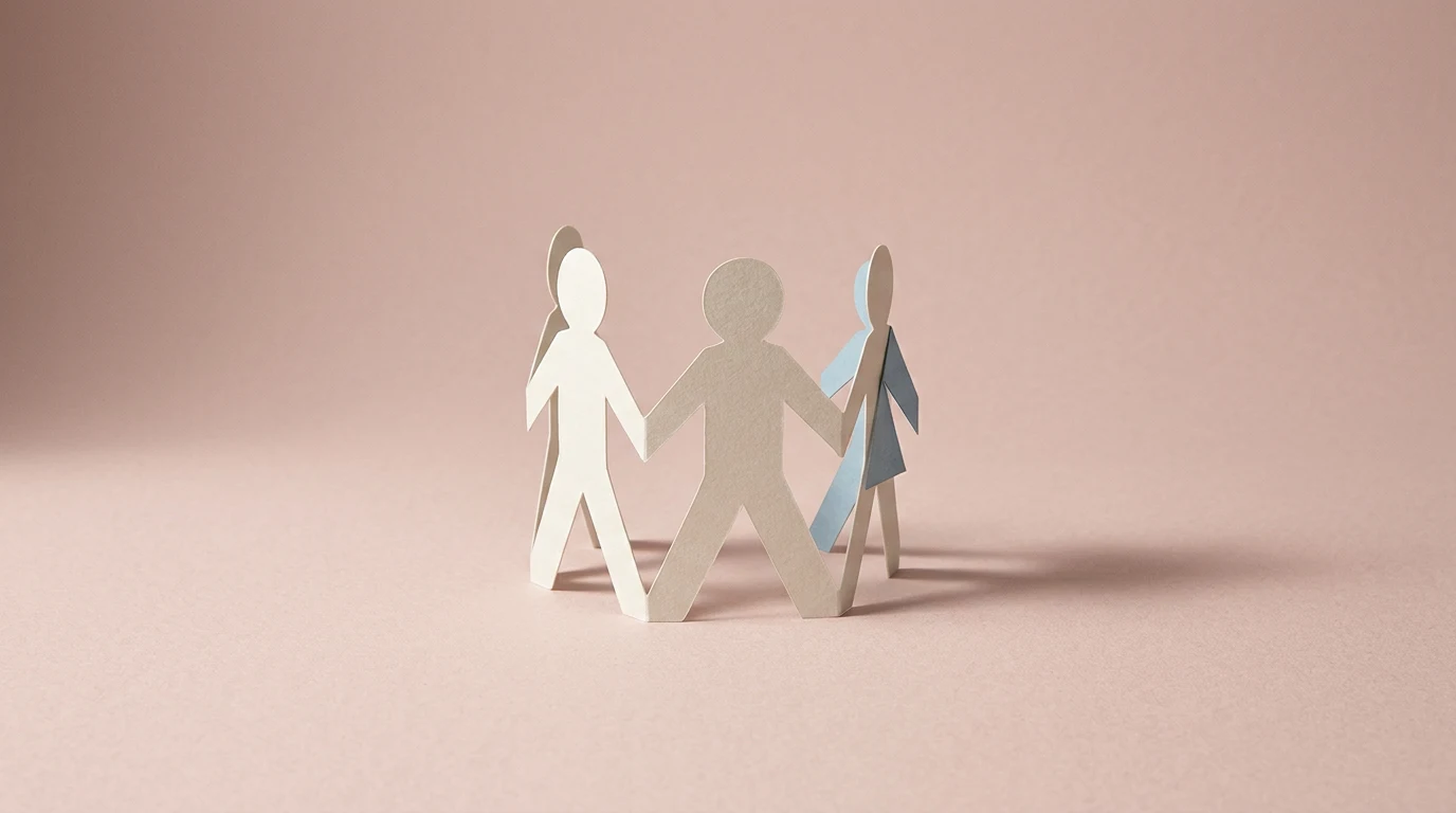 Paper cutout figures in a circle holding hands, symbolizing unity and teamwork