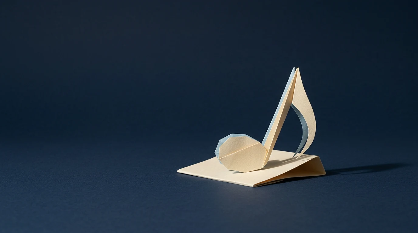 Jak zgłosić deepfake na TikToku film konto i sklonowany głos - Promptowy Beige origami sculpture of a musical note on a folded base against a dark blue background.