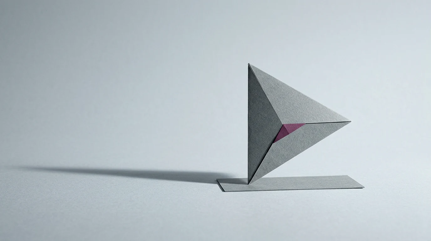 Jak zgłosić deepfake na YouTube skarga prywatności na zsyntetyzowaną twarz lub głos - Promptowy Abstract geometric paper sculpture: gray triangular form on a flat base, with a small pink accent at the center.