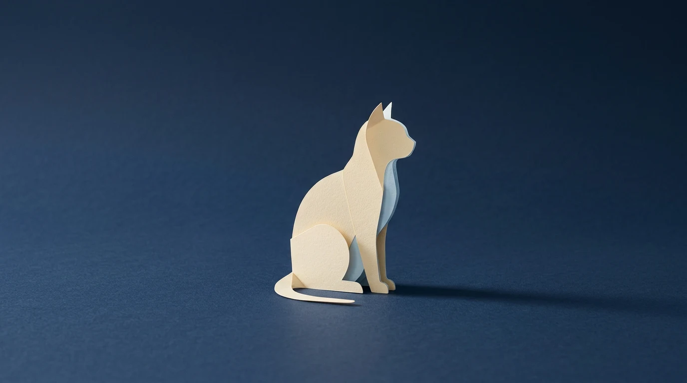 Le Chat dziś Mistral Vibe co to jest czy jest za darmo i czy warto zamiast ChatGPT - Promptowy Cream paper-cut dog sculpture sitting on a dark blue surface.