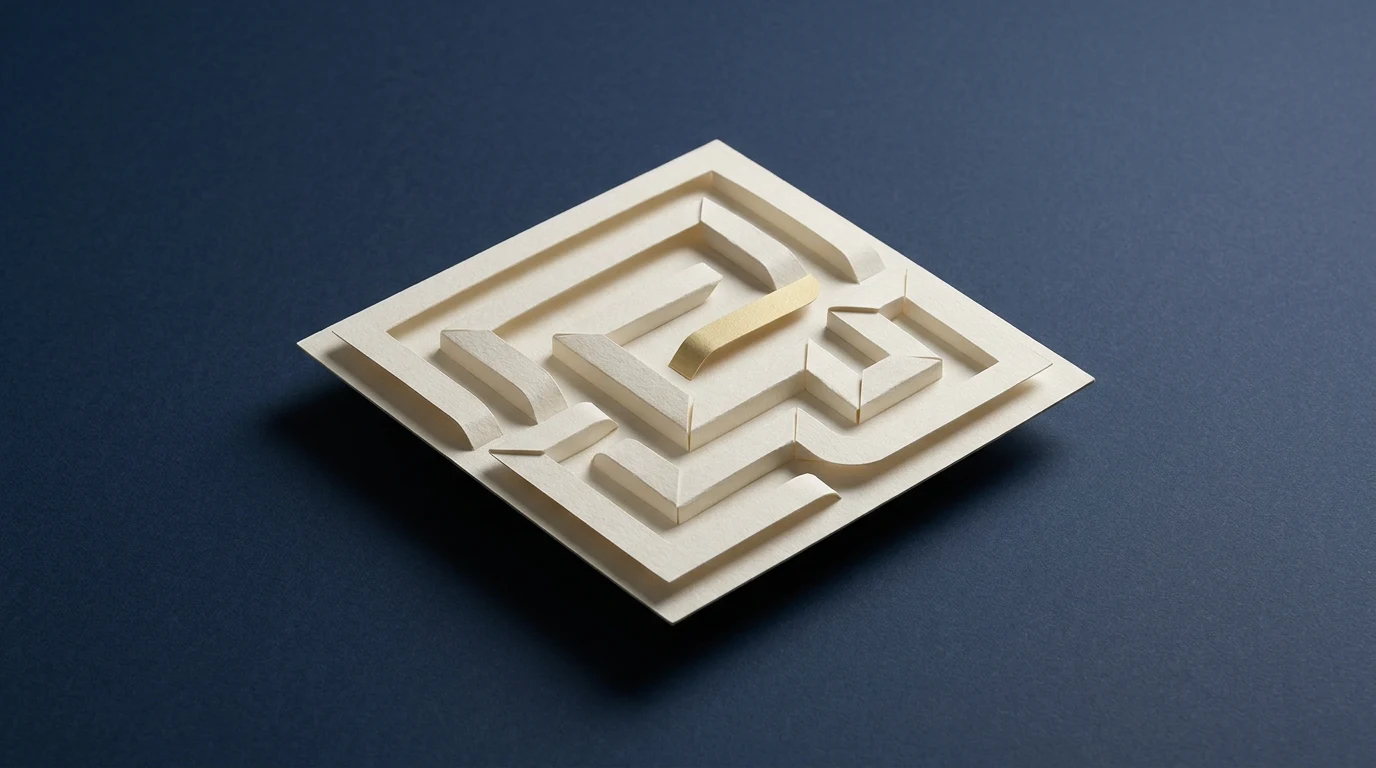 LLM co to jest duży model językowy jak działa i skąd biorą się zmyślenia - Promptowy White 3D wooden maze puzzle on a dark blue background with winding pathways inside the frame.