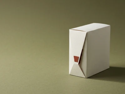 White minimalist box with angular front folds and a small brown tab, set against an olive background.